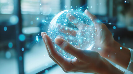 Hands holding a glowing digital globe, against a blurry technological background, representing a concept of global connectivity, Generative AI. Generative AI