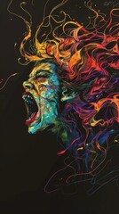 Artistic rendering of a Banshee, her hair wild as she screams, vibrant against a stark black background