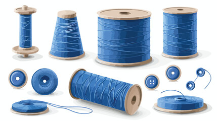Blue thread spools and button on white background Vector