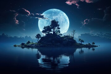 A large blue moon is reflected in the water of a lake