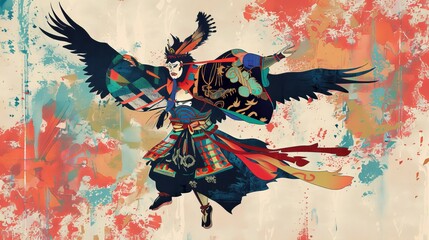 Artistic rendering of Tengu, traditional garb flowing, vibrant and striking against a plain pastel background