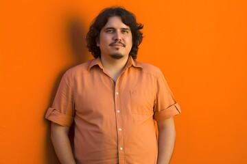 Fototapeta premium A man in an orange shirt stands in front of a wall
