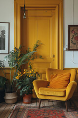 A stylish living room boasting a modern design, featuring a vibrant yellow sofa against a rich green wall