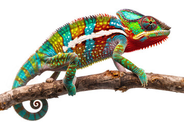 Obraz premium Chameleon on a branch against an isolated white background
