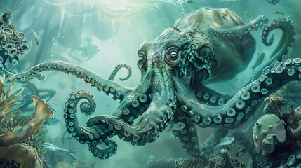 Artistic representation of a Kraken in peaceful coexistence with marine life, set against a soft, aqua background