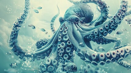 Artistic representation of a Kraken in peaceful coexistence with marine life, set against a soft, aqua background