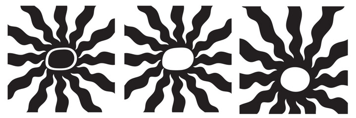Groovy retro abstract sun backgrounds. Organic doodle shapes in trendy naive hippie 60s 70s style. Contemporary poster print banner template. Vertical Wavy in black colors. vector illustration. EPS 10