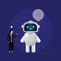 Chatting with isometric AI robot, Artificial Intelligence learning with digital brain and circuit, Artificial intelligence and Business man