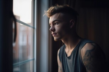 A man with a beard and tattoos is looking out a window