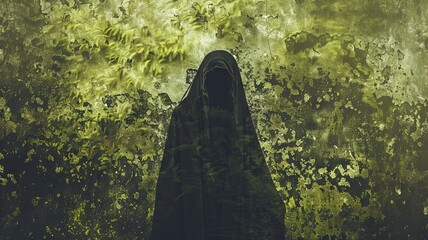 A haunting silhouette of a vengeful wraith stands out against a mossy, vibrant green background, exuding an ethereal and mysterious aura of supernatural solitude and otherworldly fear. - obrazy, fototapety, plakaty