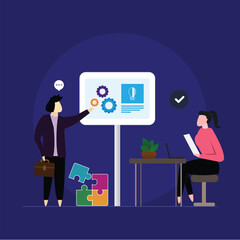Giving proper solution concept, team work illustration, businessman solving the problem with team, Businesswoman giving presentation flat character, Leader supper employee for growth, Support or help 