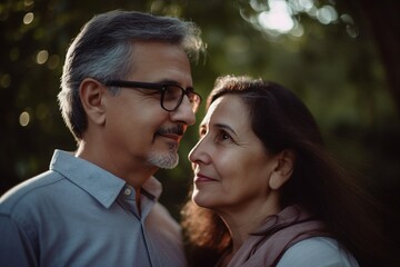 Fototapeta premium A man and woman are standing close to each other, with the woman wearing glasses