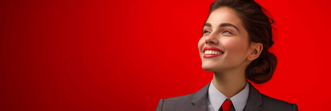 Joyful businesswoman against red background. An ideal image for showcasing confidence and happiness in the corporate world. Great for presentations, advertisements, and articles