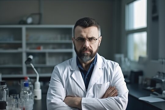 A man in a white lab coat stands in front of a counter with a stern expression o