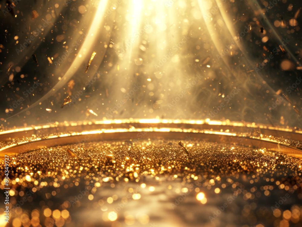 Poster shimmering golden particles with sparkling light rays on a warm glowing background, concept of celeb