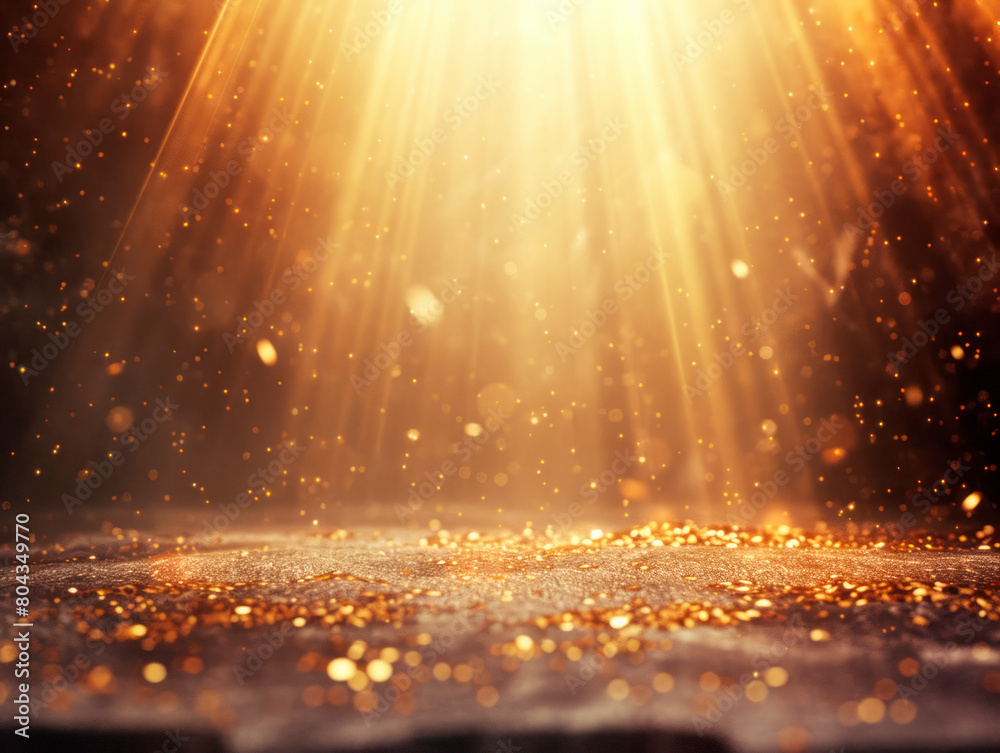 Poster sunlight streaming through golden glittering particles, highlighting a shiny surface, set against a 