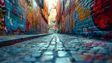 Immersive alleyway graffiti filled with vibrant colors and mesmerizing shapes, creating a dynamic...