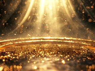 Shimmering golden particles with sparkling light rays on a warm glowing background, concept of...