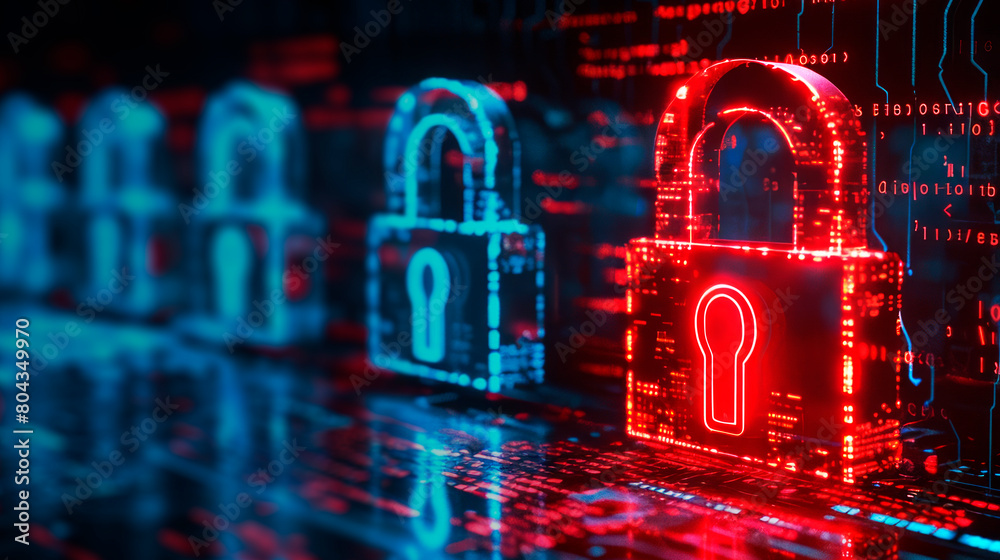 Aufkleber Digital locks and circuit patterns symbolizing cybersecurity on a dark technological background, illustrating the concept of digital security. Generative AI