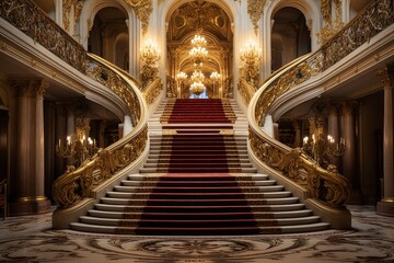 Obraz premium An Opulent Evening at the Opera: A Detailed Representation of a Classic Opera House Foyer Adorned with Gold Leaf Accents, Crystal Chandeliers, and Marble Staircases