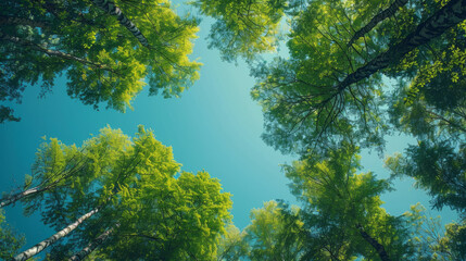 Fototapeta premium Spectacular view of trees in a forest against a clear blue sky backdrop, showcasing the lush green canopy from a unique vantage point.