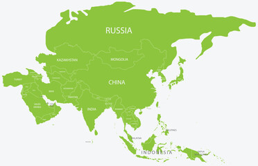 Green political map of ASIA with white country borders and name tags using orthographic projection on light blue background