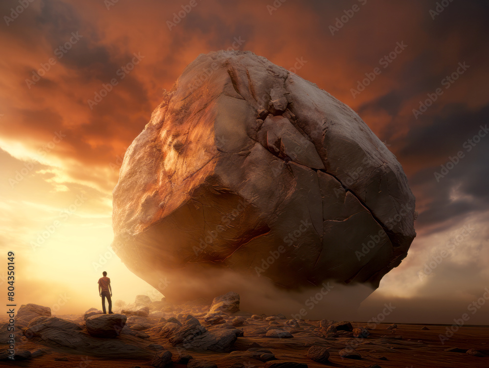 Poster a person standing under a massive floating rock against a dramatic sunset sky, showcasing a concept 