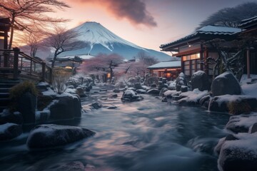 A Serene Winter Evening at a Traditional Japanese Onsen Nestled in the Snow-Covered Mountains with Cherry Blossoms in Full Bloom
