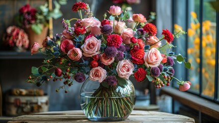 Naklejka premium Beautiful flower vase indoors on wooden table with colorful flowers