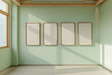 an gallery featuring a minimalist approach, with four narrow wooden frames hung at equal distances on a wall painted in a subtle sage green