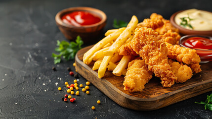 Chicken strips and fries on wooden board with ketchup