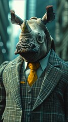 Suave rhinoceros saunters through city streets in tailored splendor, epitomizing street style. The realistic urban setting captures the rugged charm of this powerful creature, seamlessly merged with c