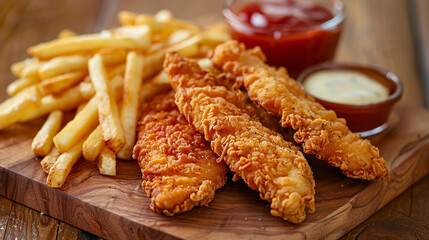 Chicken strips and fries on wooden board with ketchup