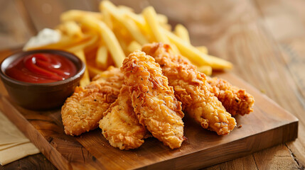 chicken strips and fries on wooden board with ketchup,