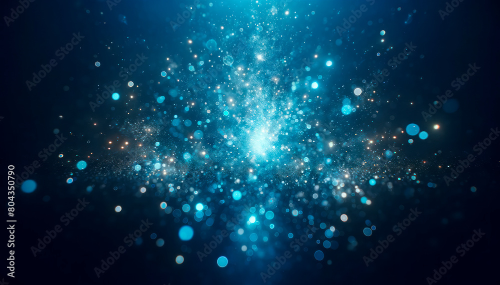 Poster sparkling particles scattered in a dark blue space, resembling a starry sky or cosmic phenomena, abs