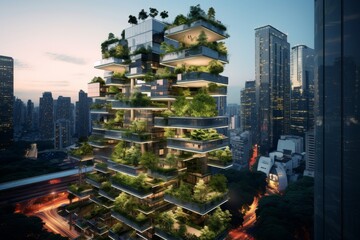 A Futuristic Vision of Sustainable Agriculture: Urban Vertical Farm Illuminated by the Setting Sun in a Bustling Cityscape