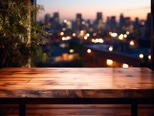 Naklejka premium A wooden table with a blurred city nightscape in the background, concept of urban life, Generative AI. Generative AI