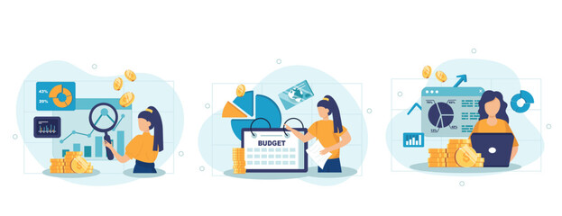 Sales performance isolated set. Financial profit growth, increase in earnings. People collection of scenes in flat design. Vector illustration for blogging, website, mobile app, promotional materials