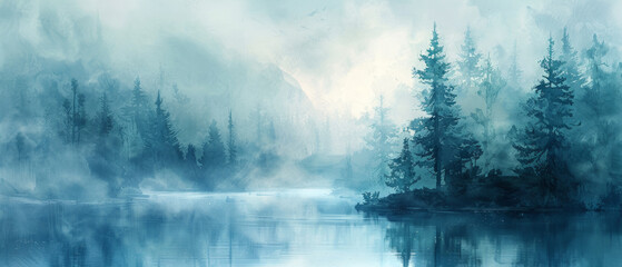A serene watercolor painting depicting a misty forest and tranquil river in complete isolation from human influence.