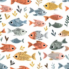 Fototapeta premium A seamless pattern of hand-drawn fish and seaweed in a whimsical style. The fish are all different colors and have different patterns. The seaweed is green and has a wavy shape. The pattern is on a wh