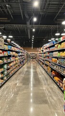 An empty grocery store with bright lights and shiny floors.