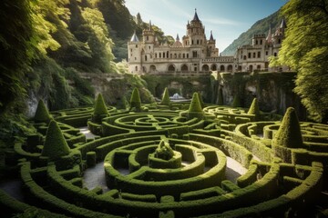 A Majestic View of an Intricate Park Maze Garden, Surrounded by Lush Greenery and Ancient Architectural Structures