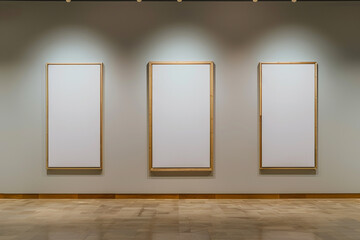 the gallery with a panoramic view showcases a collection of three tall, slender wooden frames, each enclosing a stark white canvas, against a wall of soft, dove gray exhibit exhibit