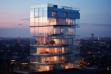 A Modern Crystal-Inspired Tower Block Reflecting the Cityscape in Its Multifaceted Glass Facade at Sunset