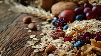 Dry oat grains with fruits and nuts on wooden background