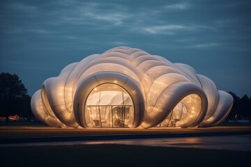 Innovative Inflatable Membrane Event Space Illuminated at Night, Showcasing Modern Architecture and Design in a Unique Outdoor Setting