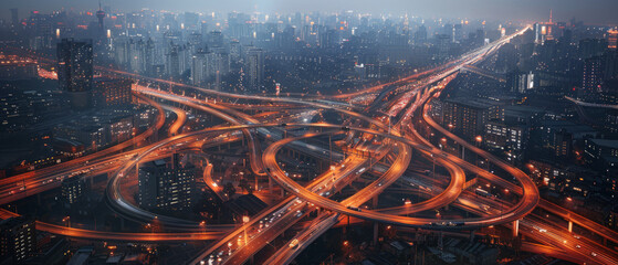 An aerial view of a vibrant city illuminated by the network of intersecting highways at night