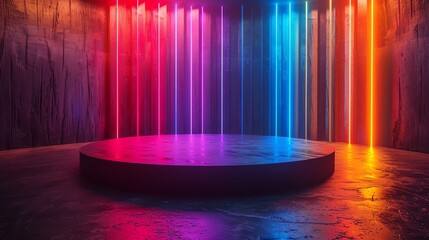 A dark room with a glowing circular stage and colorful neon lights on the walls.