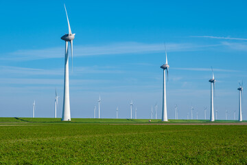 A row of sleek white wind turbines stands tall in a vast green field in the Netherlands Flevoland...