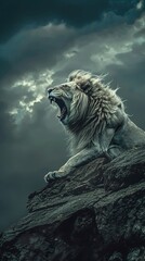 Fototapeta premium Chimera perched on a rocky ledge, lions head roaring, against a simple, dramatic dark sky background